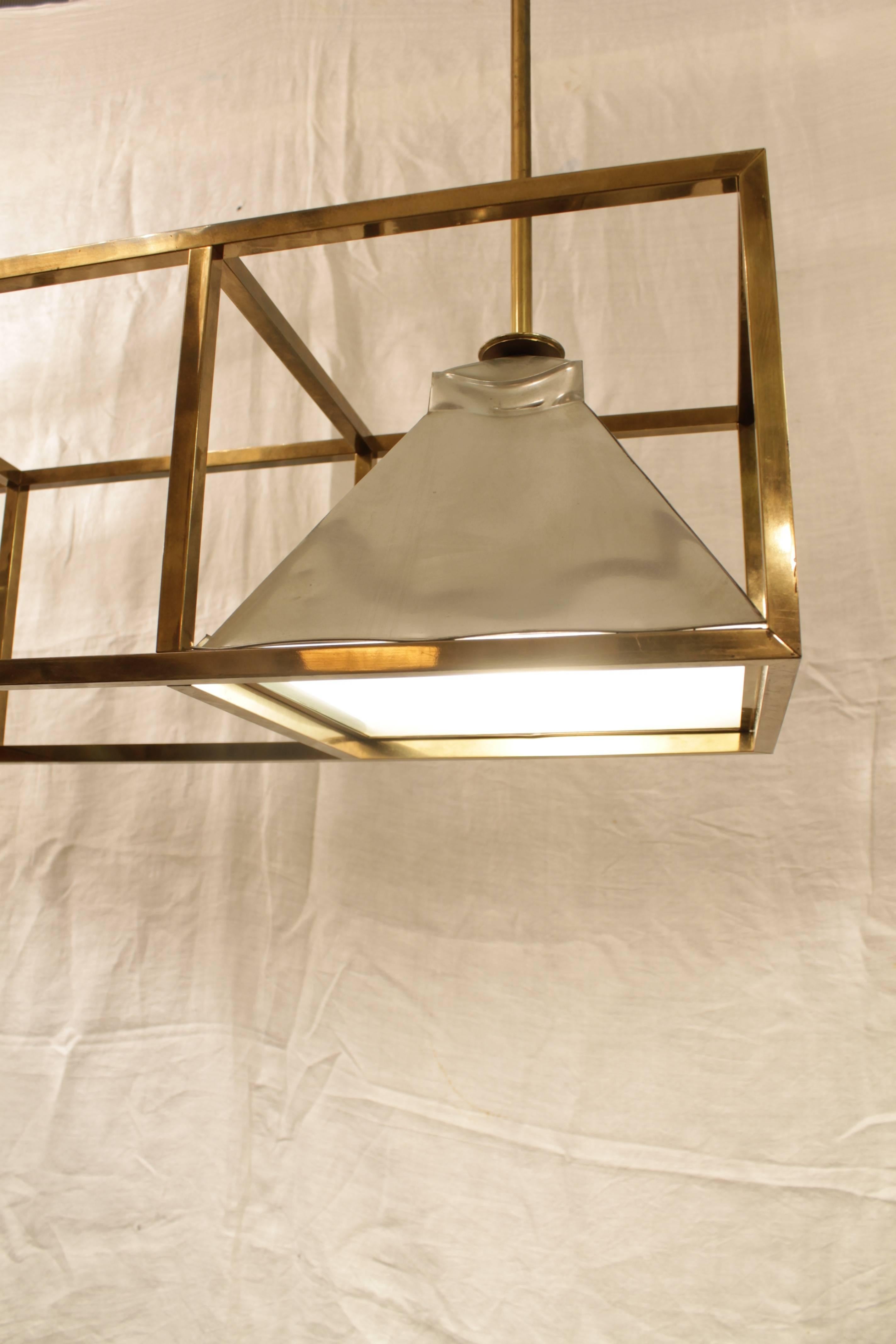 Elegant brass and tin ceiling lamp, sandblasted glass.