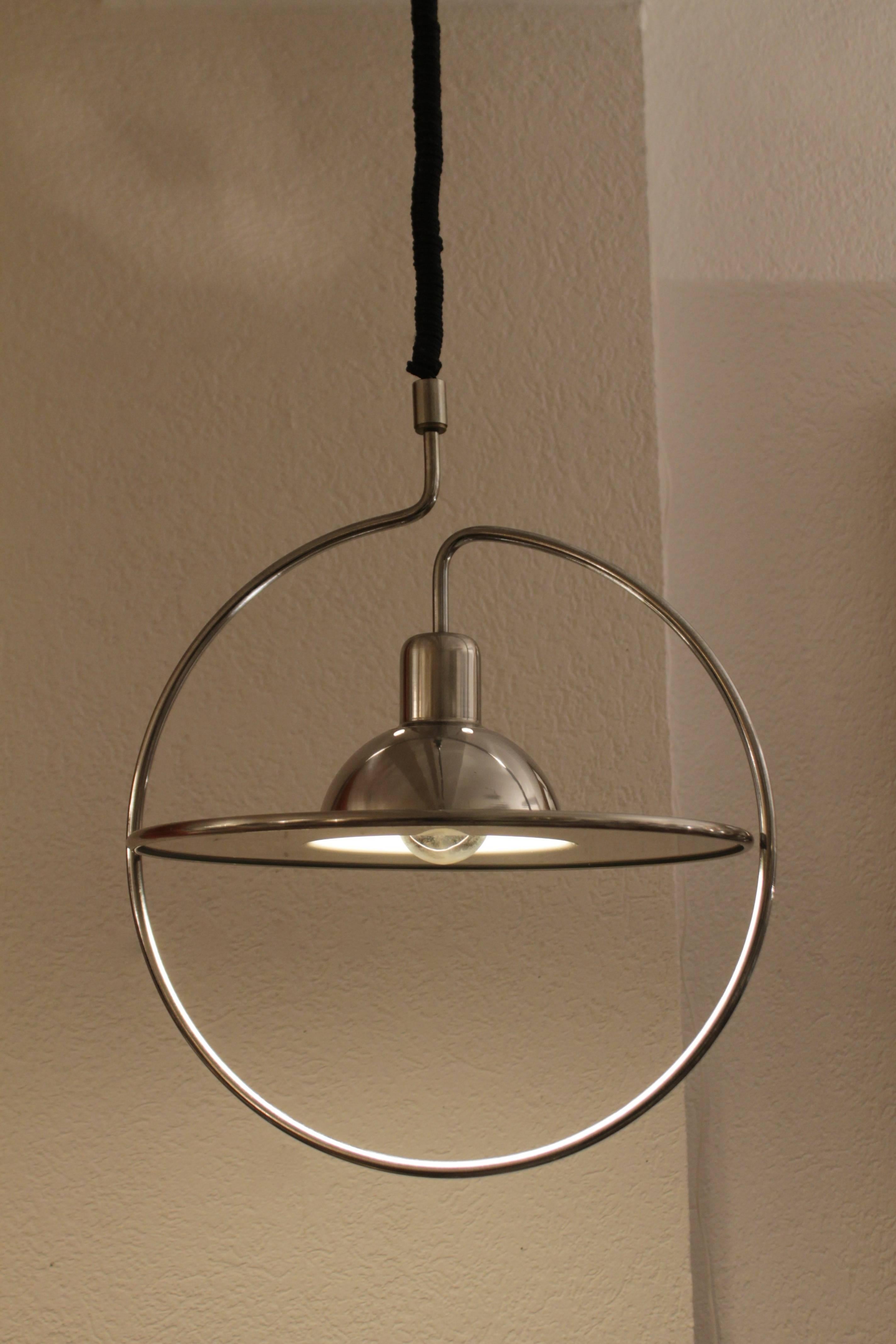 Set of four aluminum up and down system Saturn pendant lamp
Unknown origin, in the manner of Stilnovo or RAAK, 1970s creations
Nice quality, height adjustable.
 
