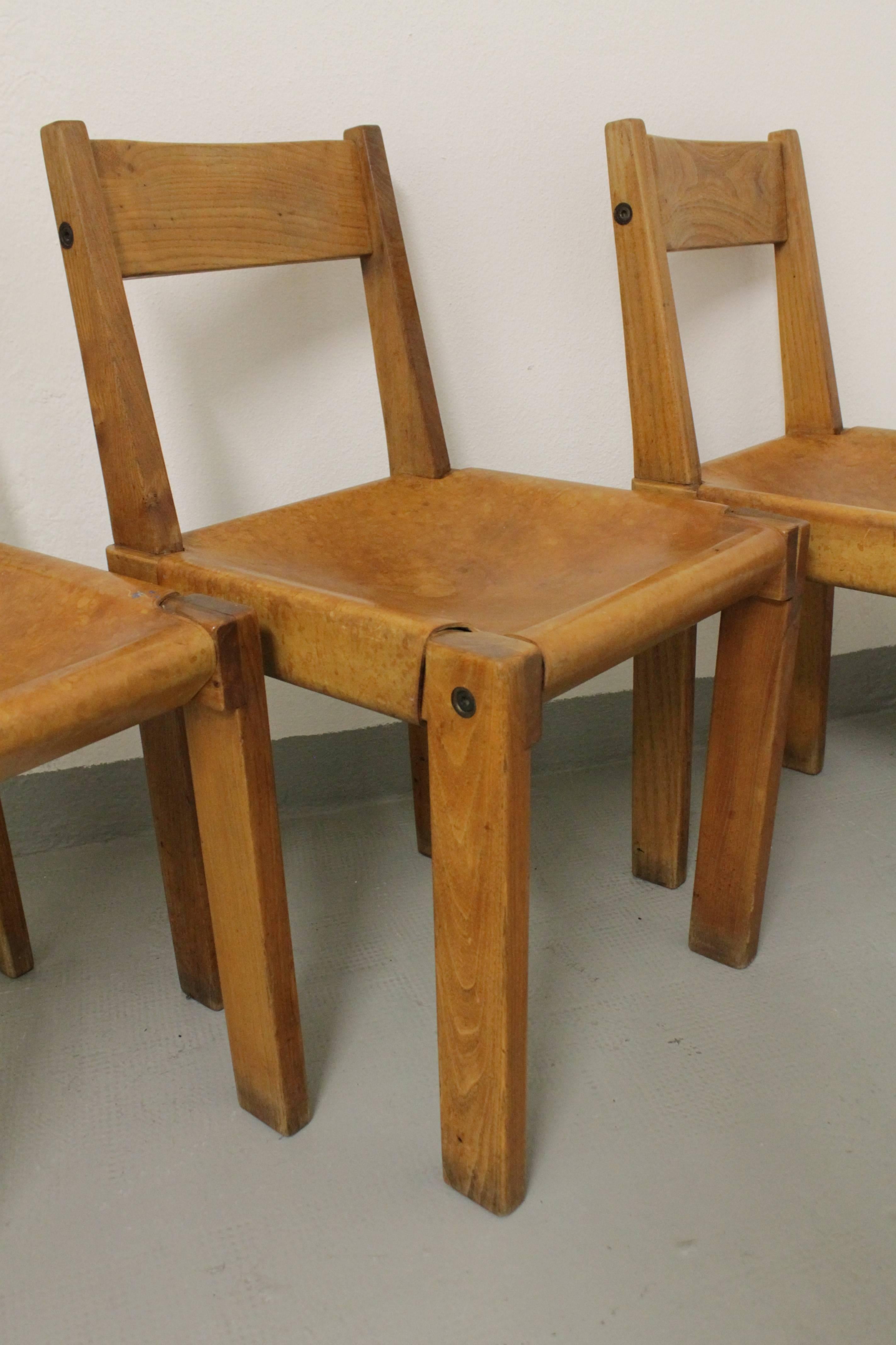 French Set of Three S24 Dining Chairs by Pierre Chapo