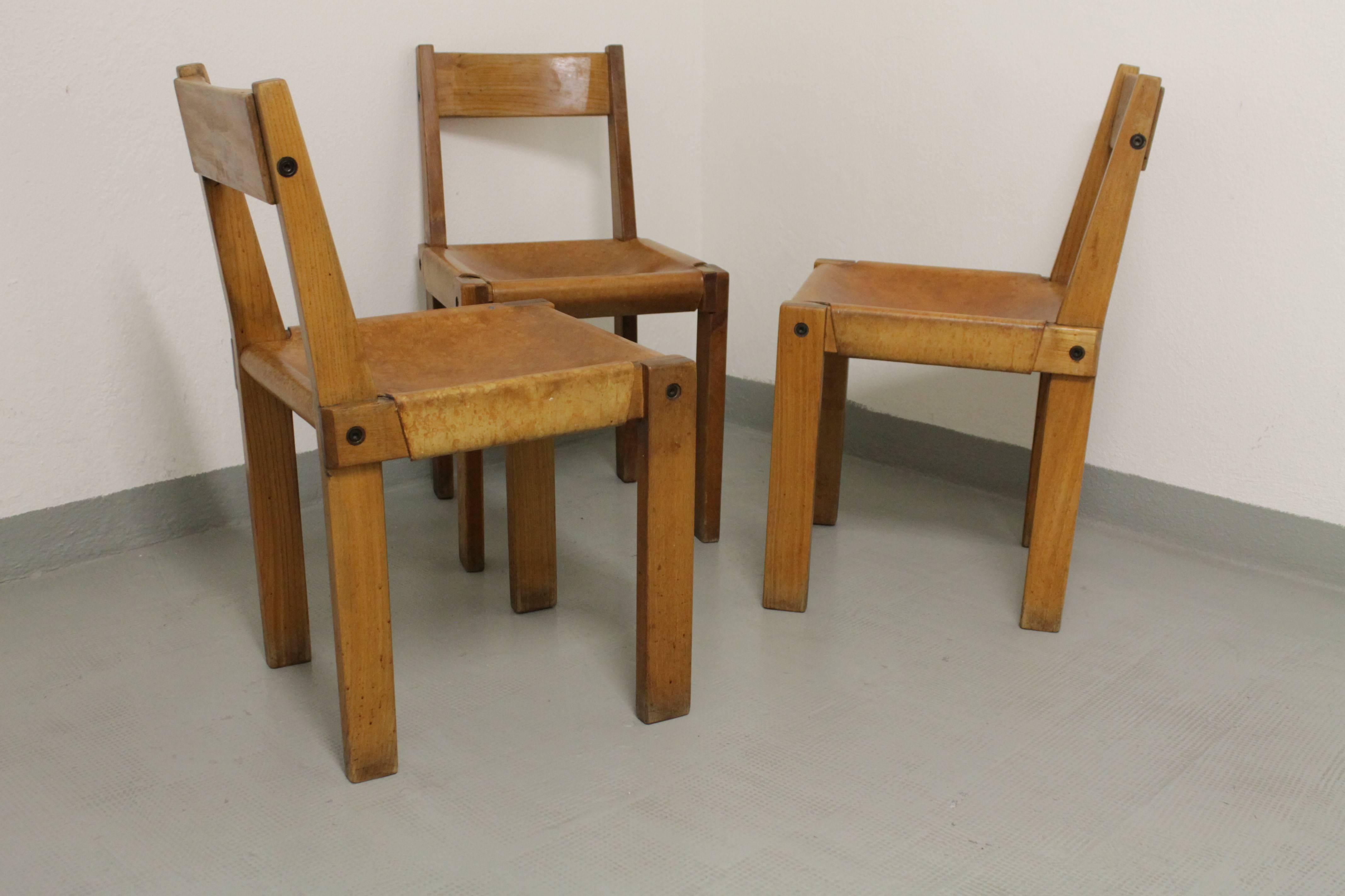 Elm Set of Three S24 Dining Chairs by Pierre Chapo