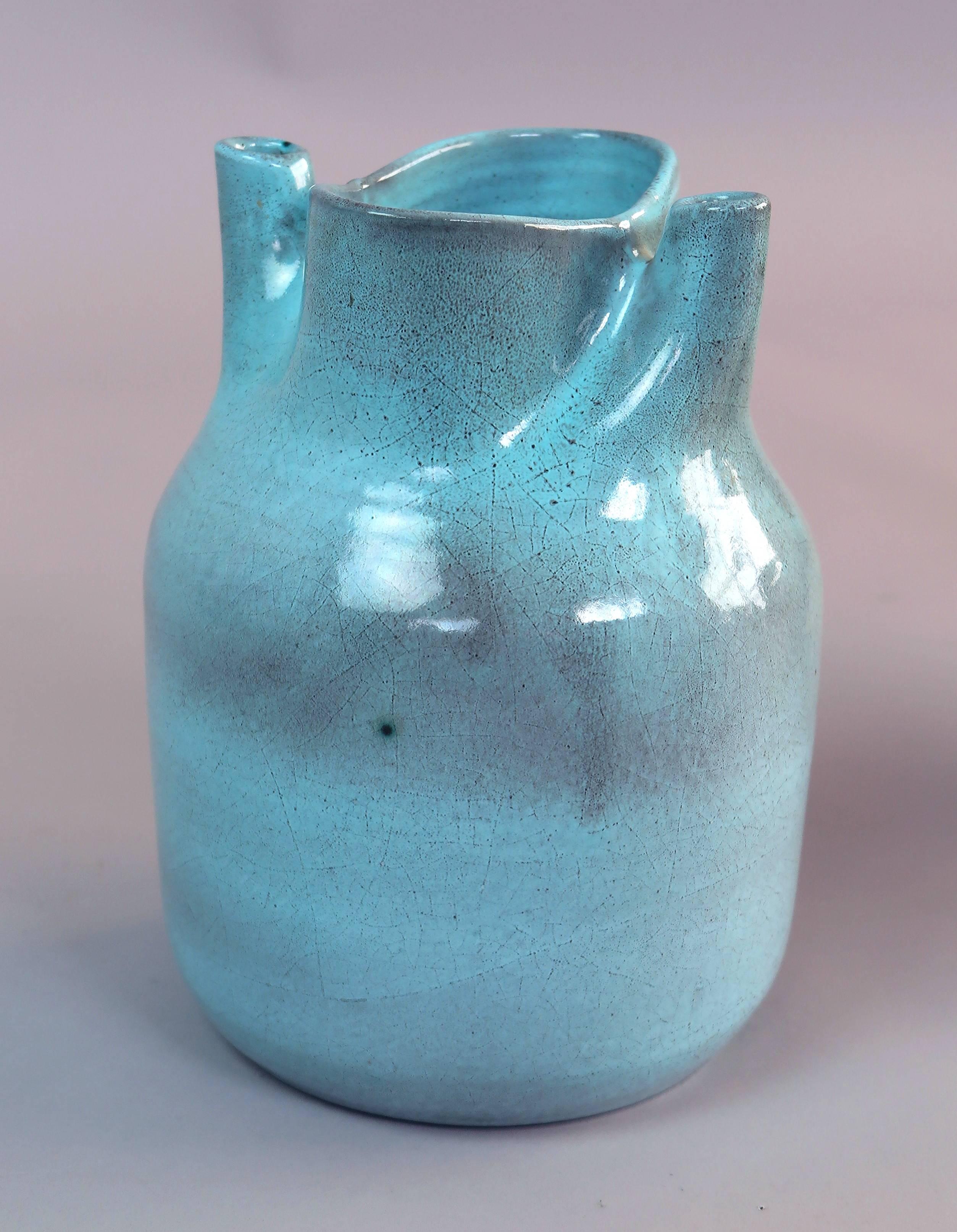 Beautiful light blue ceramic vase from the Pottery Accolay, France, handmade in the 1970s.