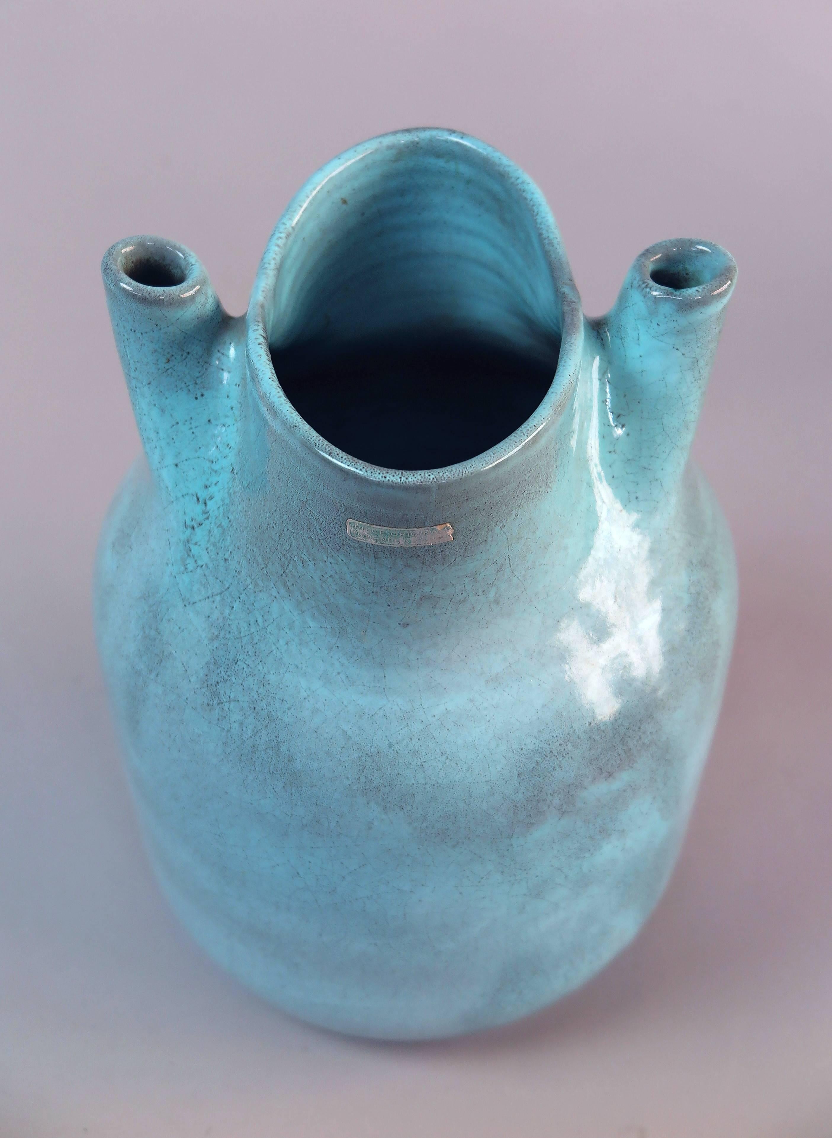 French Impressive Accolay Triple Mouth Ceramic Vase, France, 1970s For Sale