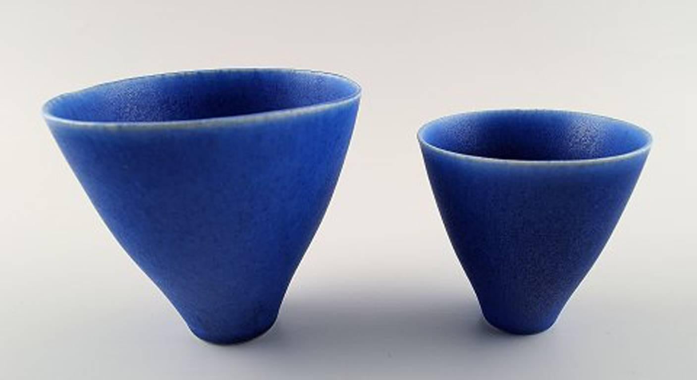 Scandinavian Modern Stig Lindberg, Gustavberg, Two Pottery Vases in Blue Glaze