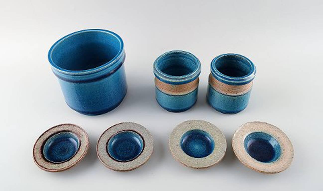 Danish Seven Pieces Kähler, HAK, Glazed Stoneware Vase and Small Bowls, Denmark, 1960s
