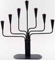 Three Large Seven Armed Swedish Design Candlesticks in Metal with Brass Top