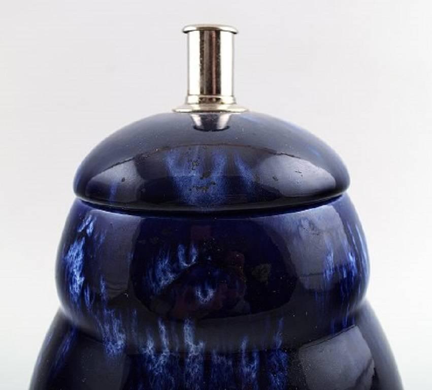 Art Deco Pair of Rörstrand Lidded Vases in Dark Blue Faience. 1930s-1940s For Sale