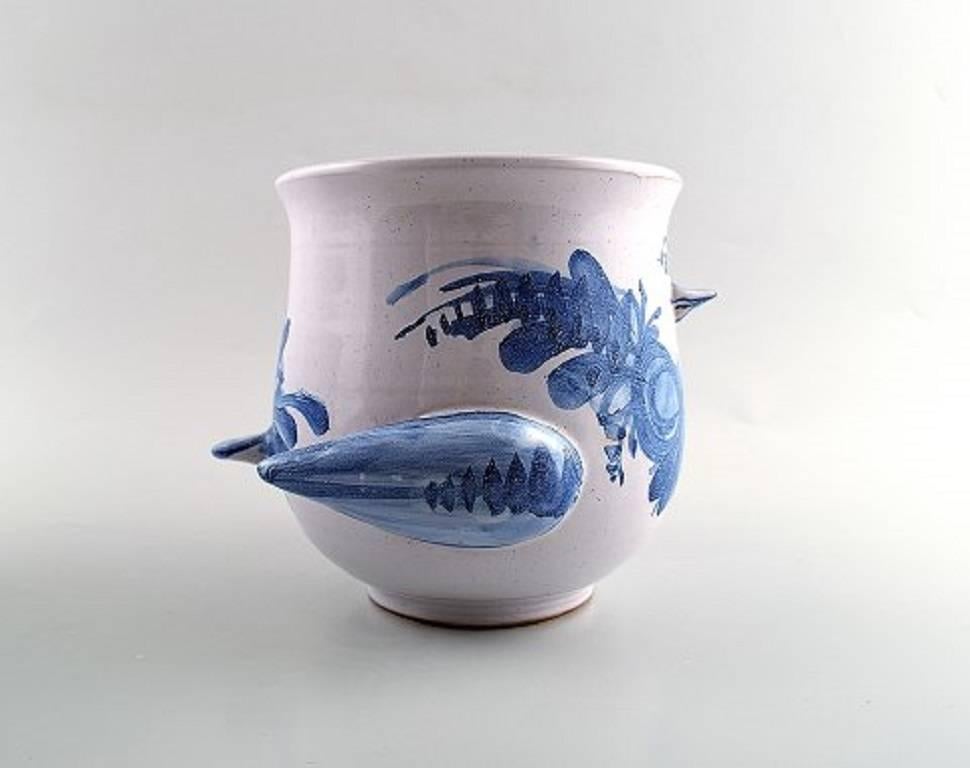Danish Pair of Wiinblad Unique Ceramics Flowerpots, Blue Glaze, 1973 and 1975