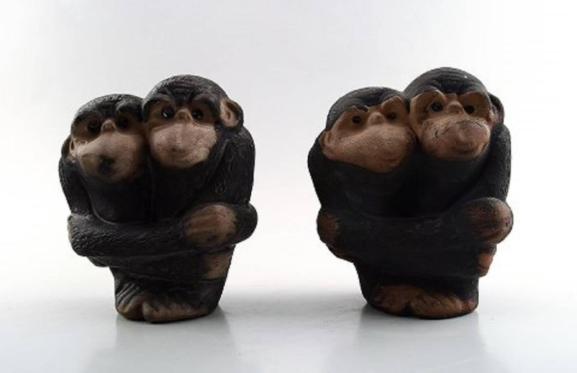 Scandinavian Modern Collection of Upsala-Ekeby Pottery Figurines, Lions, Cat, Owl, Monkeys, Bison