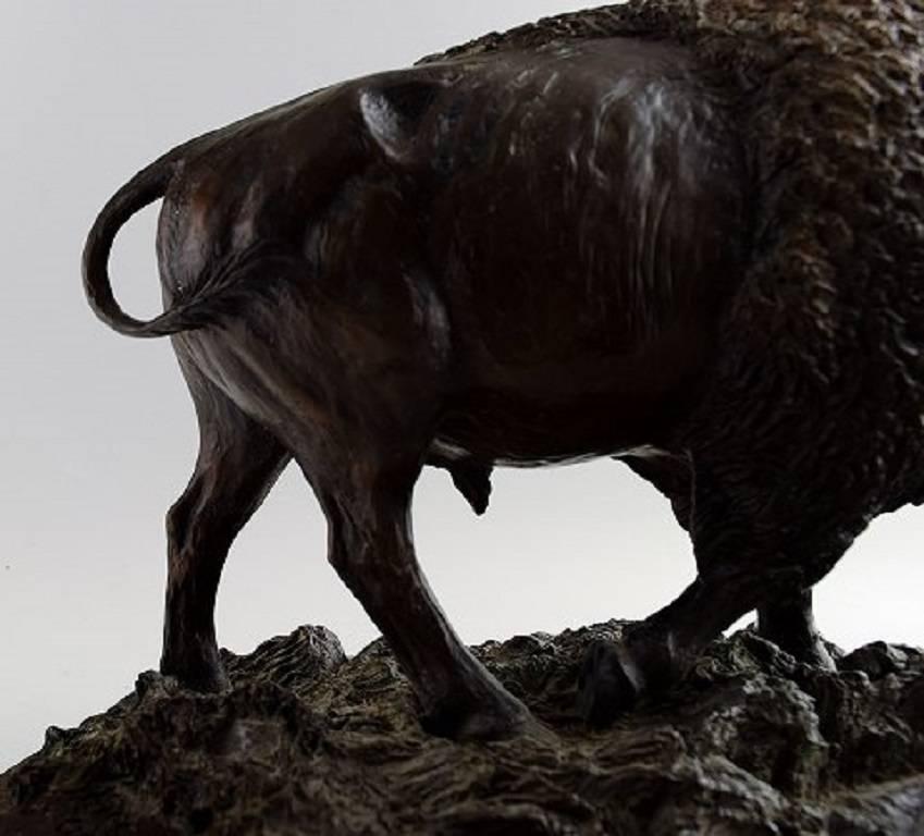 Kim McCall, American Artist, Large Buffalo/Bison in Bronze, Wooden Base In Excellent Condition In Copenhagen, DK