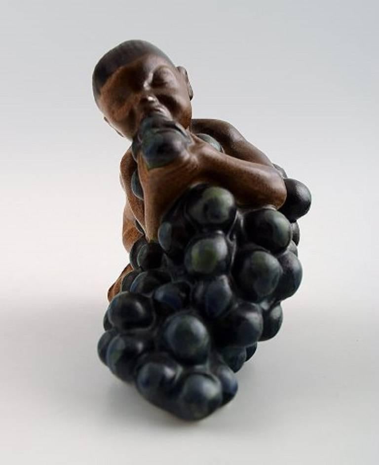 Art Deco Bing & Grondahl, Stoneware Figurine of Boy with Bunch of Grapes by Kai Nielsen
