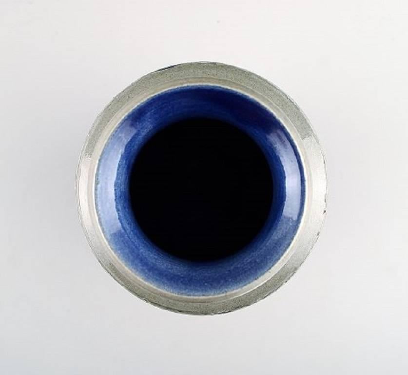 Scandinavian Modern Göran Andersson, Upsala-Ekeby Ceramic Vase, Dark Blue Decoration on Gray Base For Sale