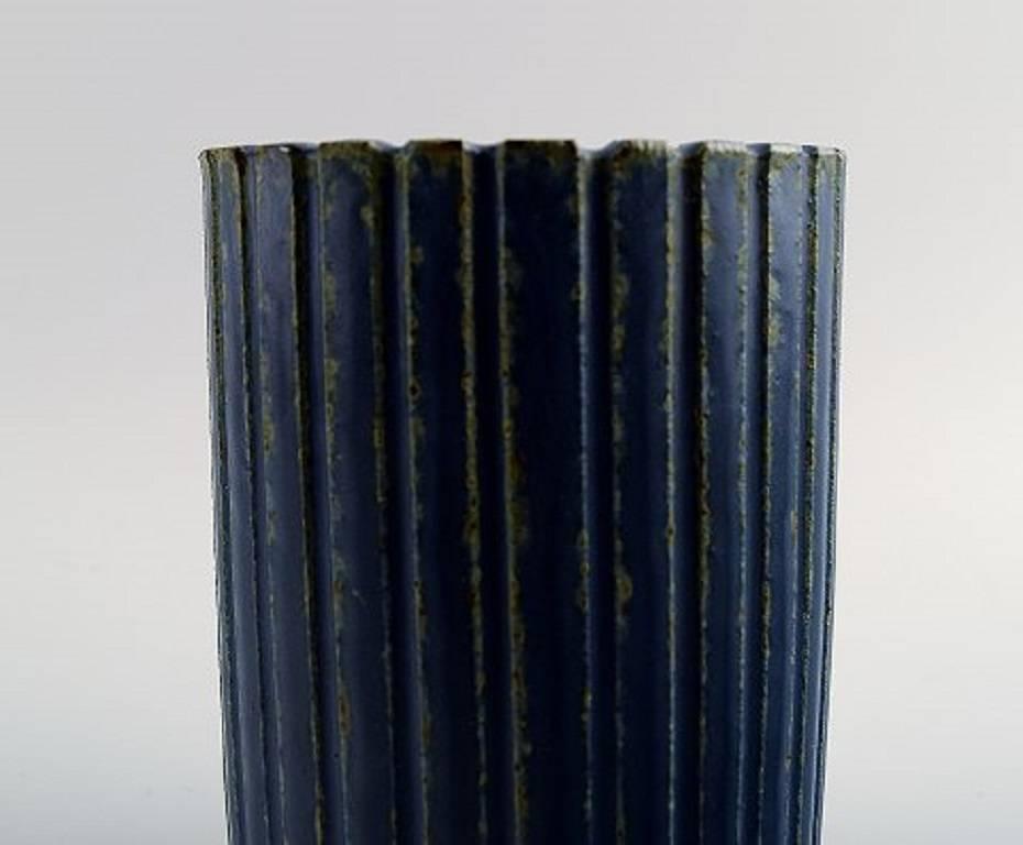 Danish Arne Bang Pottery Vase, Fluted Design, Marked AB