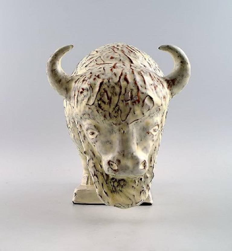 Scandinavian Modern Ovar Nilsson, Bison Sculpture in Earthenware with White Glaze
