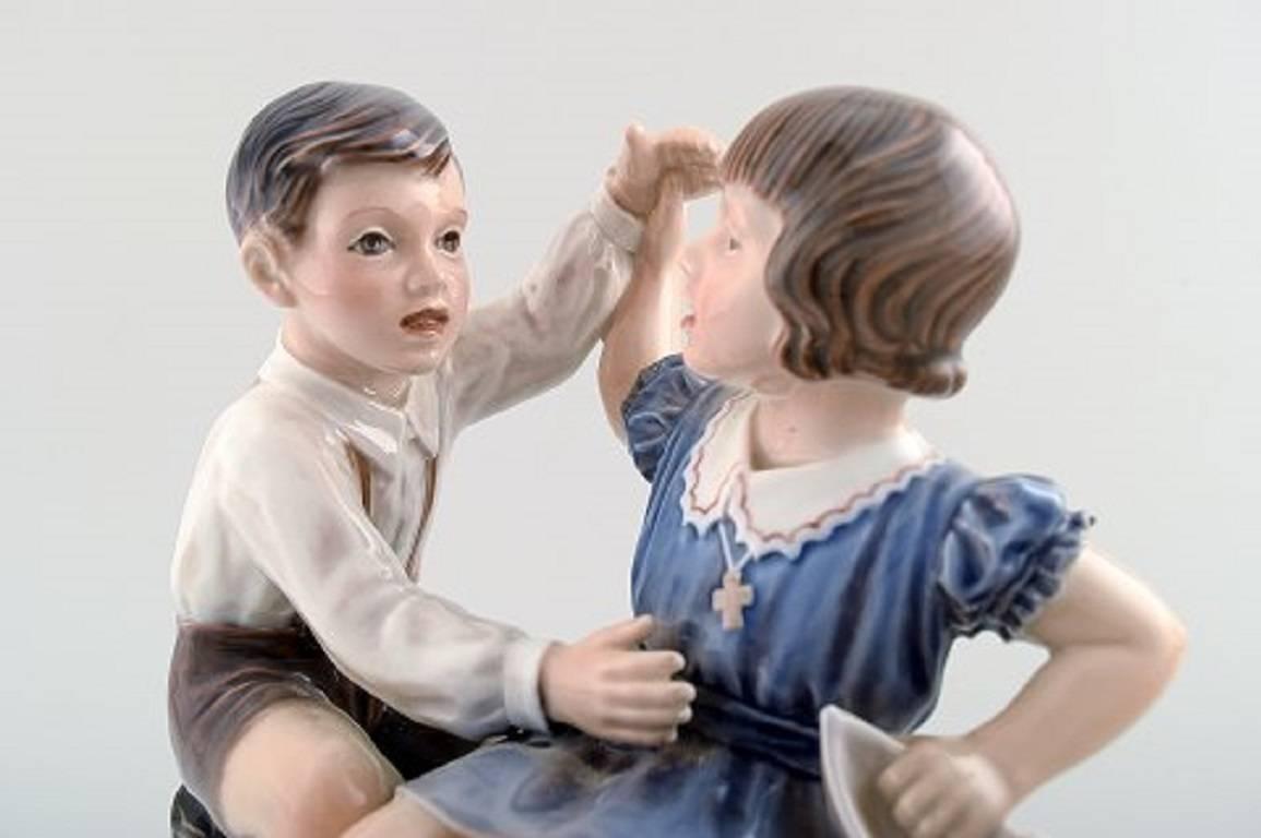 Danish Rare Dahl Jensen Figurine No. 1214, Girl and Boy with Ship For Sale
