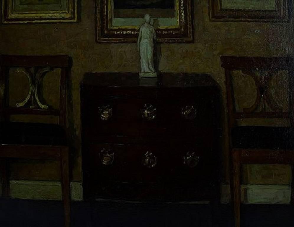 Niels Holsøe, Oil on Wood: Interior with Chest of Drawers and Engravings In Good Condition In Copenhagen, DK