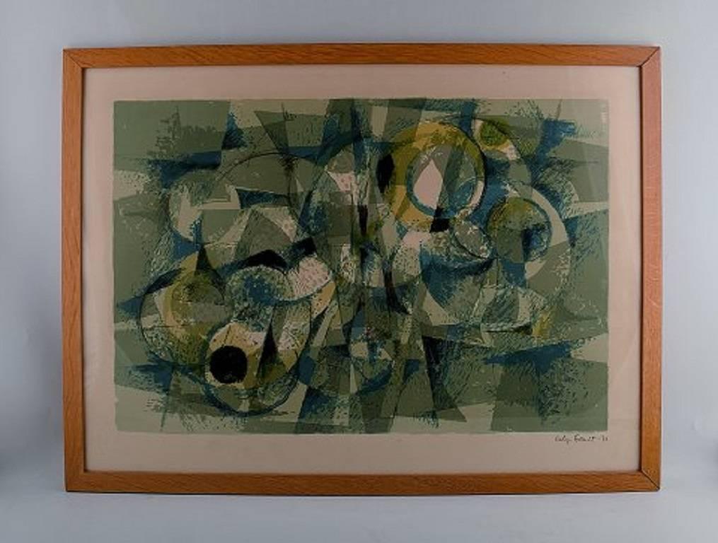 Helge Ernst, Danish artist. 

Composition. 

Signed Helge Ernst 71. 

Lithography.
Measures:
40 x 60 cm. 

The frame is 2 cm. wide.

In good condition.