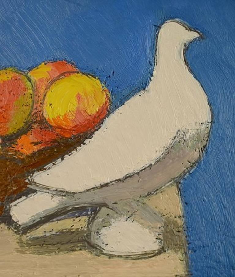 Helge Franzen, Swedish Artist, Still Life with Fruit and White Dove, Oil/ Canvas In Good Condition In Copenhagen, DK