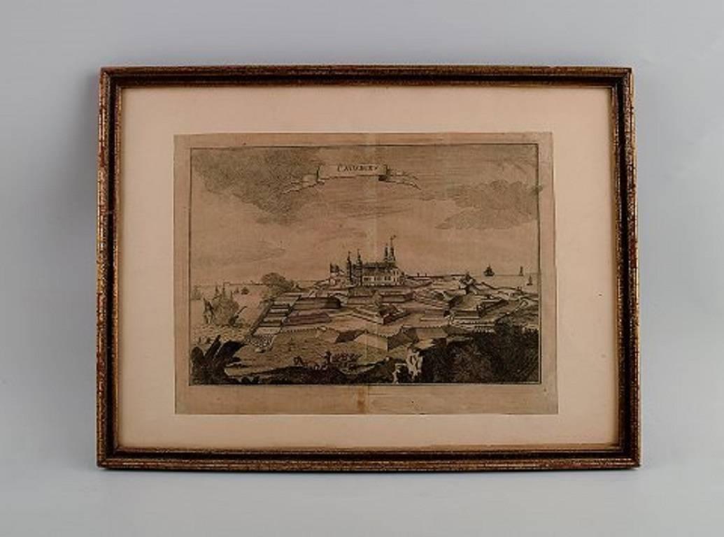 18th-19th century engraving, Kronborg castle, Denmark.

Measures: 26 x 19 cm. 

The frame measures 1.5 cm.

In good condition.