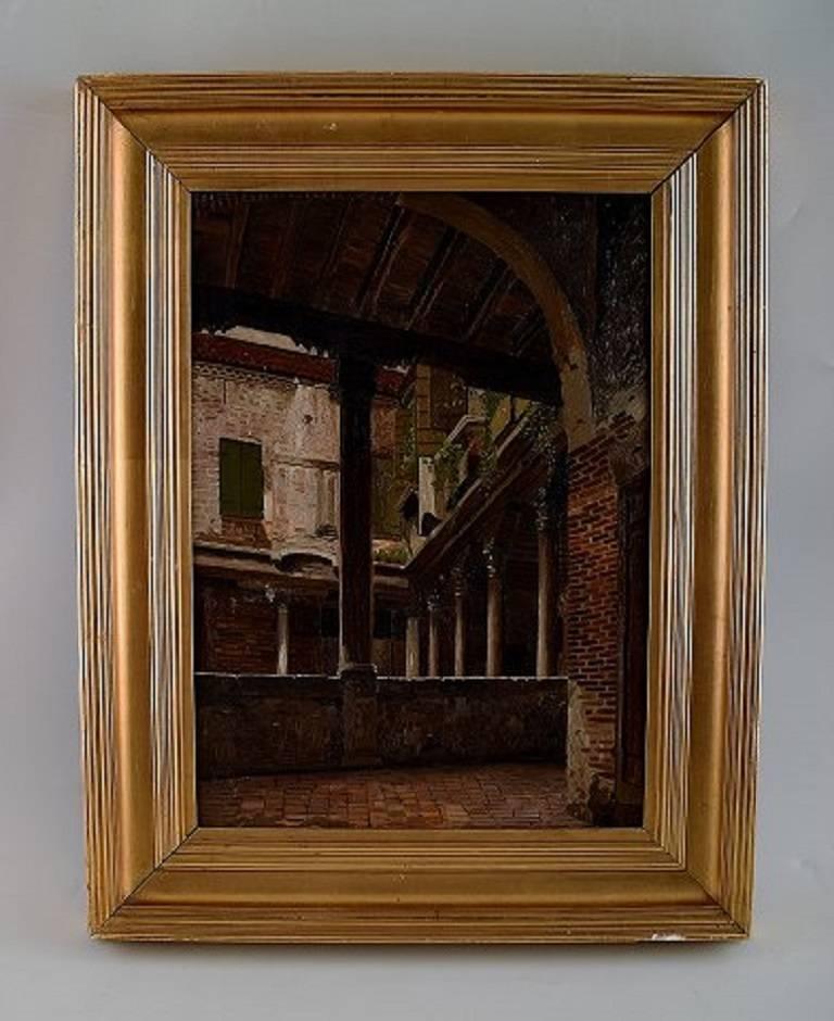 I. T. Hansen (after) F. W. Doberck, 19th century Venice, exterior, San Gregorio church.

Oil on canvas.

Measures 29 x 22 cm. The frame measures 5 cm.

In good condition.
