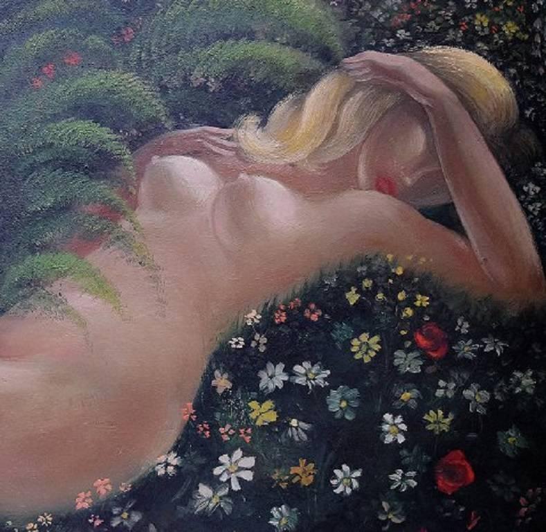 Unknown artist, lying naked woman, large oil on panel, mid-20th century.

In perfect condition.

Unsigned.

Measures: 125 x 49 cm.

The frame measures 3 cm.