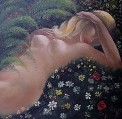Femme nue allongée, grande huile sur panneau, milieu du 20e siècle