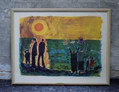 Jens Søndergaard, Coastal Landscape with Figures, Colored Lithograph