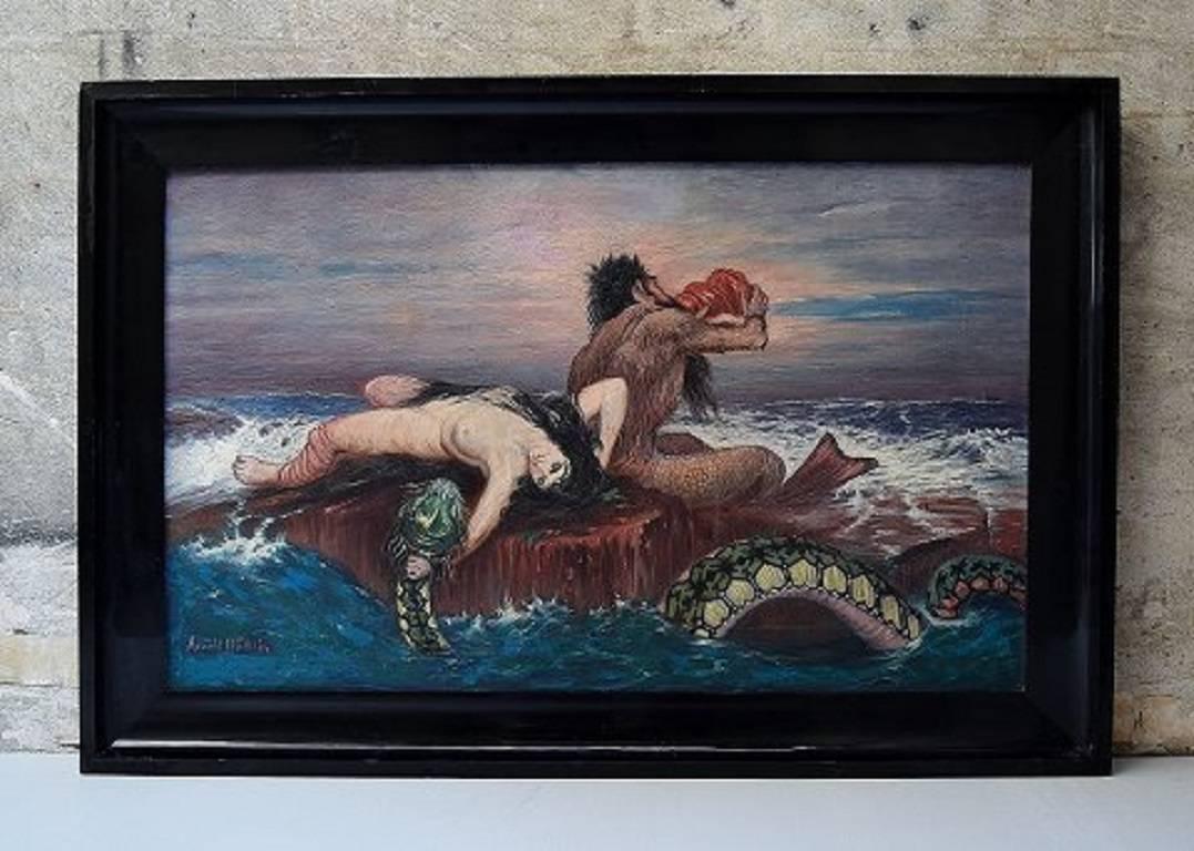 Unknown artist, after Böcklin, mythological scene with merman, naked woman and sea creature. 

Oil on canvas.

Signed. circa 1930.

In good condition, older professionally made restorations.

Measures (ex. the frame) 90 x 53 cm.

The