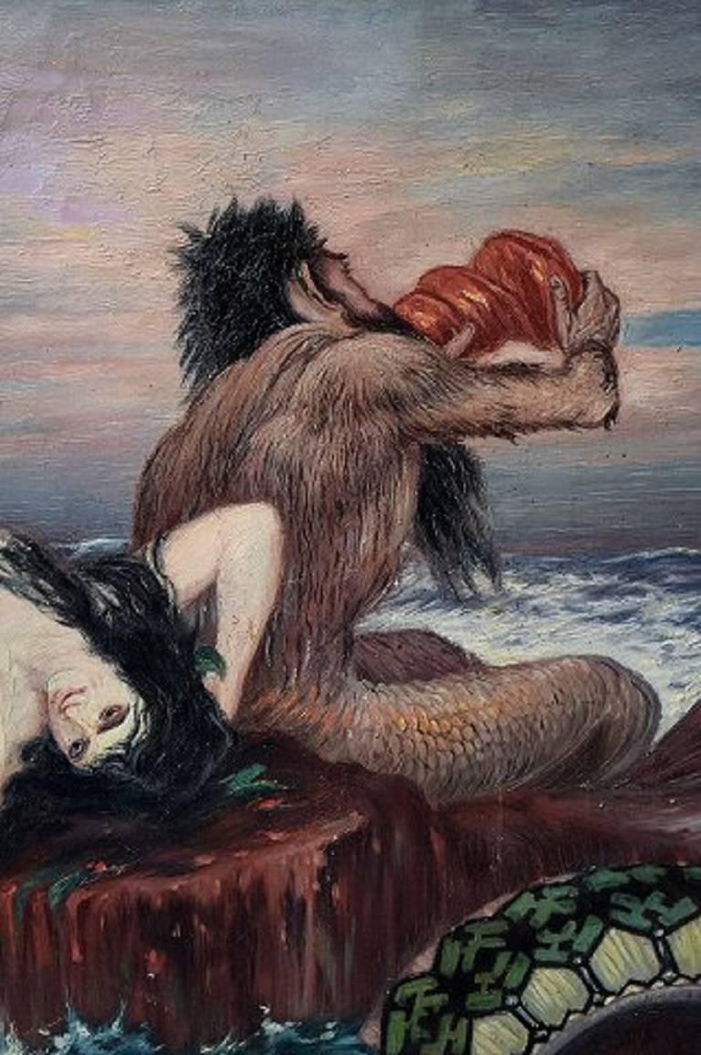 Unknown Artist, after Böcklin, Mythological Scene with Merman, circa 1930s In Good Condition In Copenhagen, DK