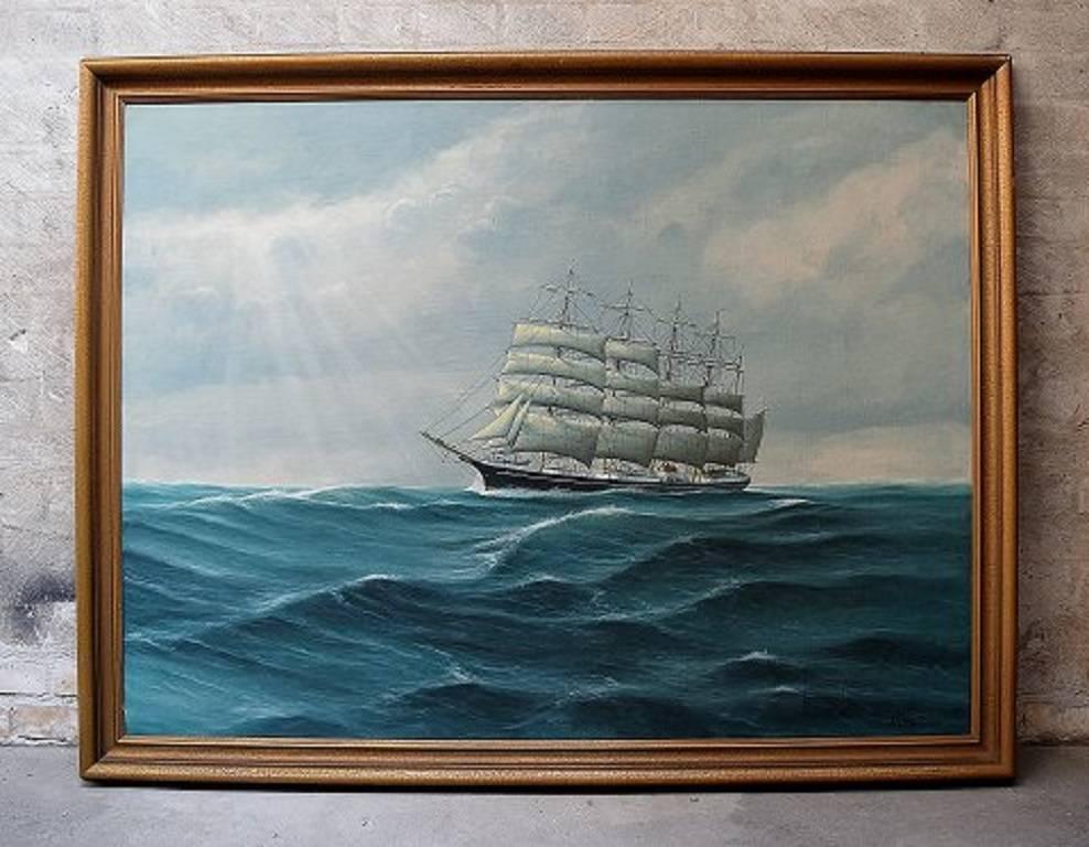 P.C. Petersen, four-master at high seas. Danish marine painter.

Oil on canvas, circa 1930s.

In perfect condition.

Signed.

Measures (ex. the frame) 120 cm x 90 cm.

The frame measures 6 cm.