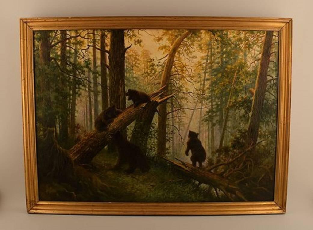 Unknown Russian painter.

Playful bear cubs in the forest.

After 'The Morning in a Pine Forest' by Russian artists Ivan Shishkin and Konstantin Savitsky.

Oil on canvas.

In very good condition. Surface grime.

Signed