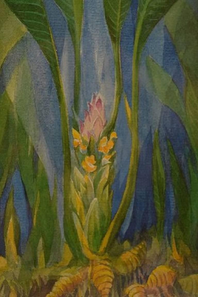 European Watercolor on Paper, Artist Unknown, Mid-20th Century Flower with Large Leaves