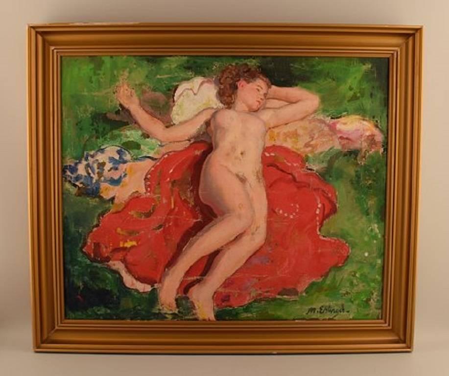 Maurice Ambrose Ehlinger (b. 1896, d. 1981).

Naked portrait of young woman, 

circa 1950s.

Oil on canvas.

Price example: A painting by Maurice Ambrose Ehlinger was sold at Gerard Besancon auctions, November 13, 2004 for € 8,000.

In