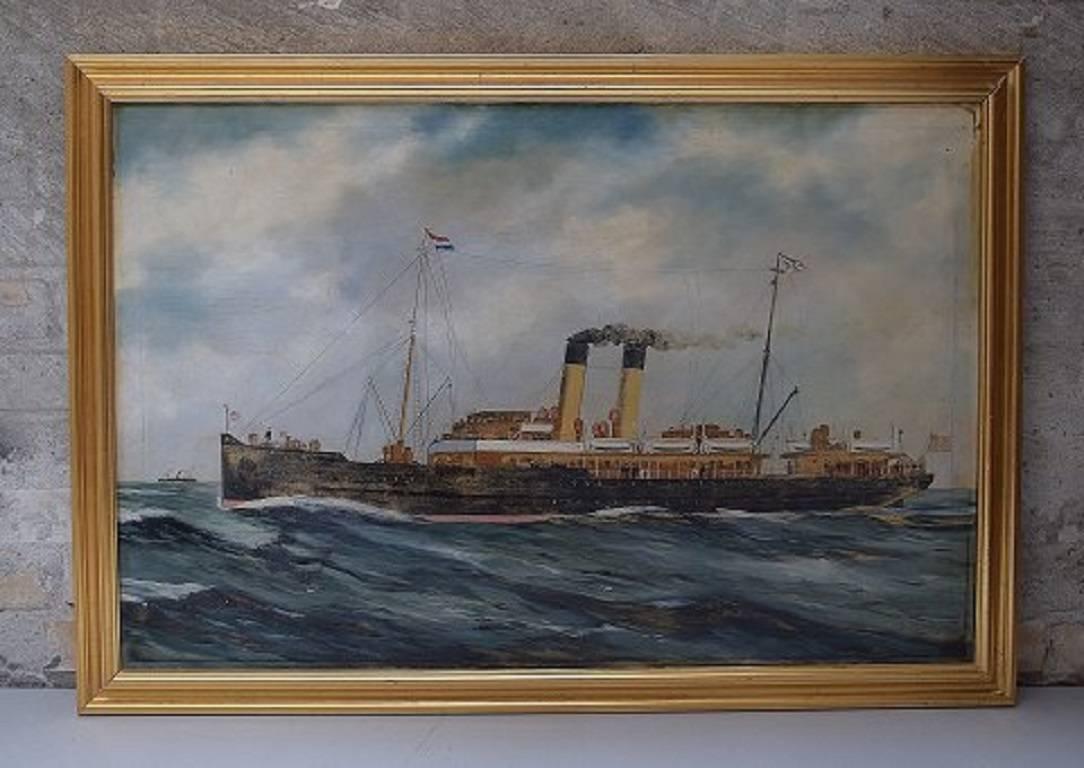 Unknown Marine Painter, St. Petersburg steamer.

Oil on canvas.

In good condition. Cleansed by professional conservator.

Signed and dated indistinctly.

Measures (ex. the frame) 80 x 53 cm. 

The frame measures 5 cm.