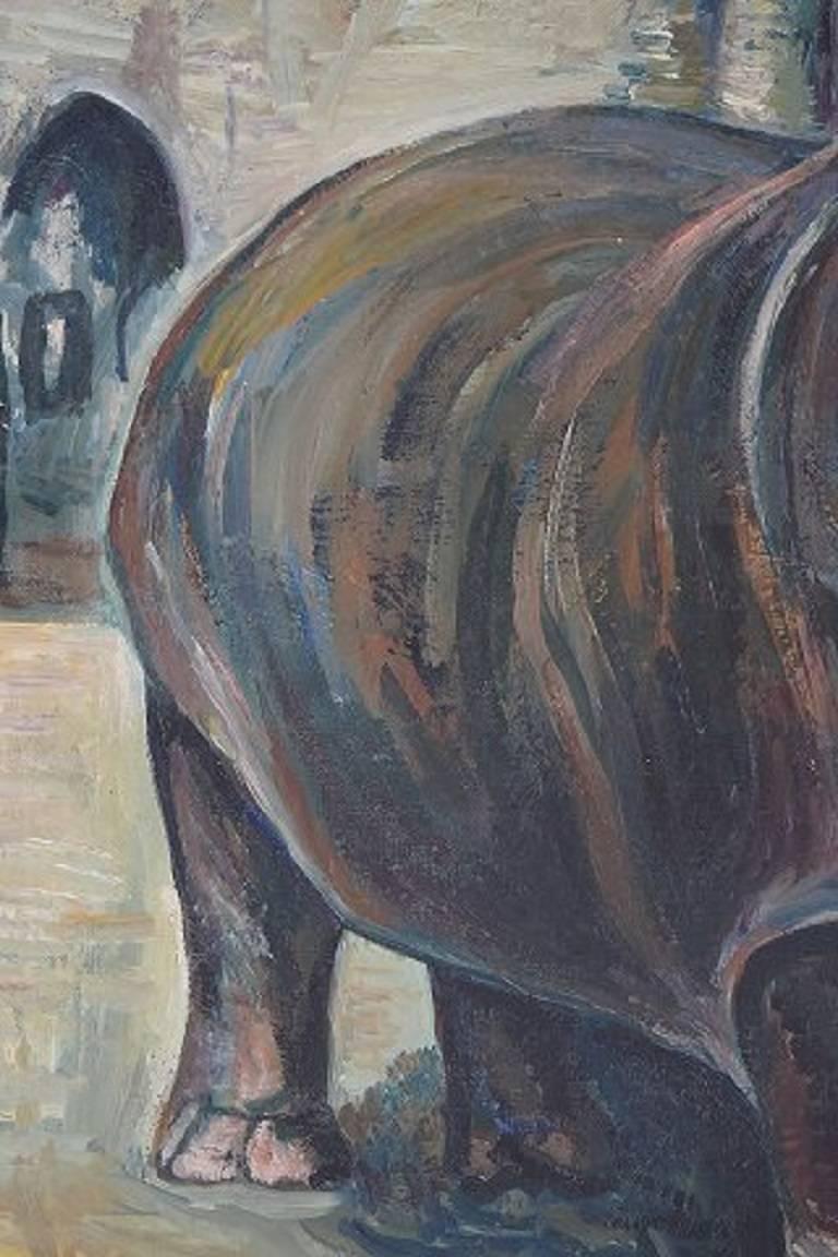 Pierre Noyelle French Artist, Hippopotamus Oil on Canvas In Good Condition For Sale In Copenhagen, DK