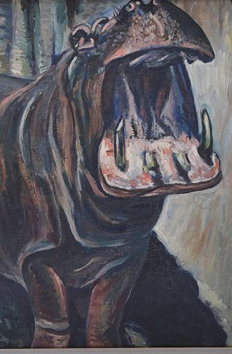 Français L'artiste français Pierre Noyelle, Hippopotamus, huile sur toile en vente