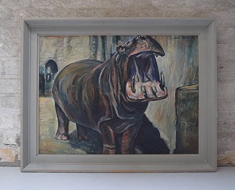 Pierre Noyelle, artiste français, né en 1901.

Hippopotame. Huile sur toile.

Signé.

En bon état. Nettoyé par un restaurateur professionnel.

Mesures (hors cadre) 58 x 44 cm. Le cadre mesure 6 cm.