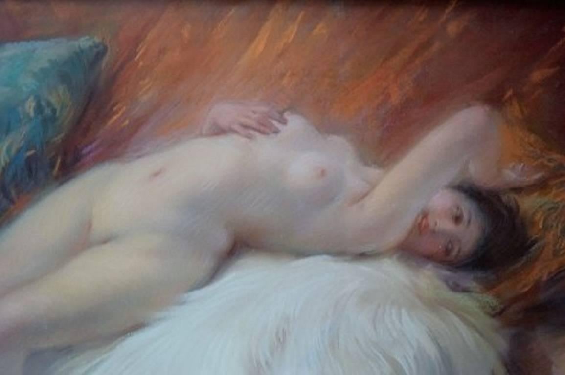 Naked Young Beauty on Lambskin, French Art Deco, Pastel, 1925 In Excellent Condition In Copenhagen, DK