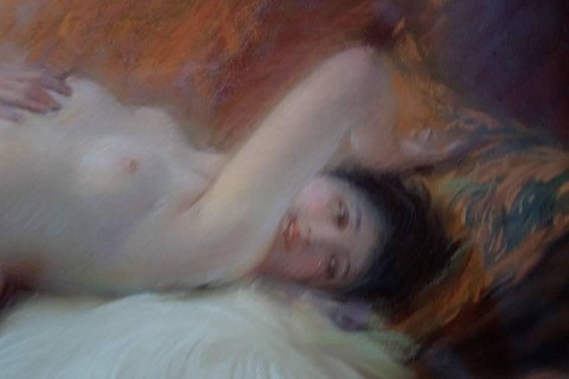 Early 20th Century Naked Young Beauty on Lambskin, French Art Deco, Pastel, 1925