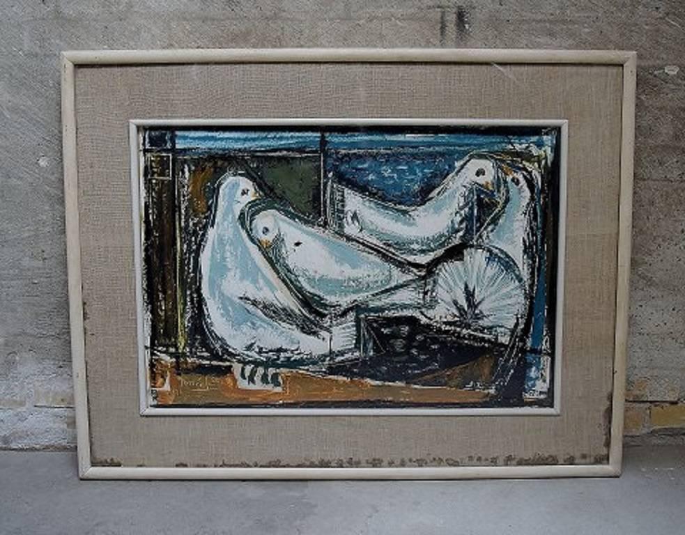 Unknown artist. Dated 1956. Picasso style.

Four white doves.

Oil on board.

Signed indistinctly.

Measures: 68 x 46 (72 x 50) cm.

In perfect condition.