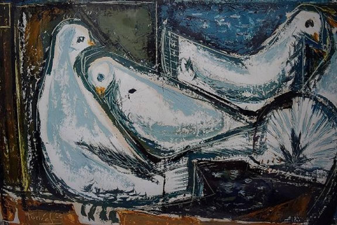 Unknown Artist, Dated 1956, Picasso Style Four White Doves, Oil on Board In Excellent Condition In Copenhagen, DK