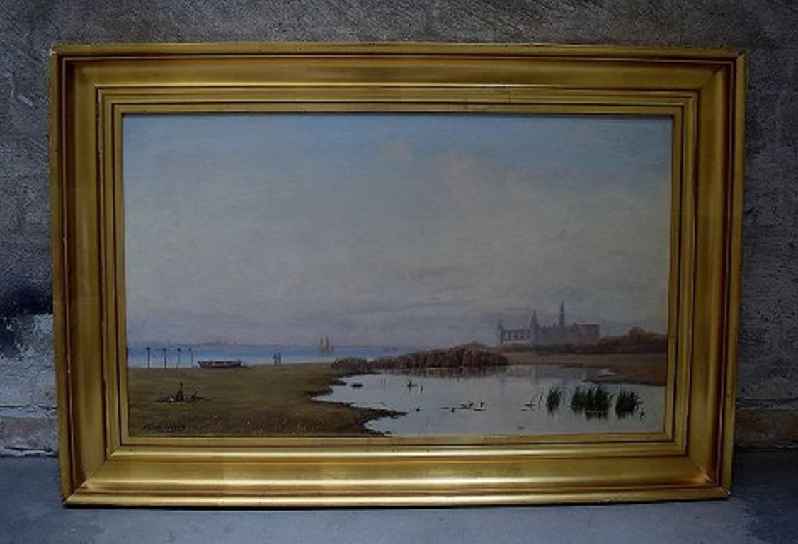Alfred Olsen b. Fejø 1854, d. Copenhagen 1932. View of Kronborg Castle. 

Oil on canvas.

Signed. Alfred Olsen, circa 1900.

Measures (without frame) 75 x 44. 

The frame measures 9 cm.

In very good condition