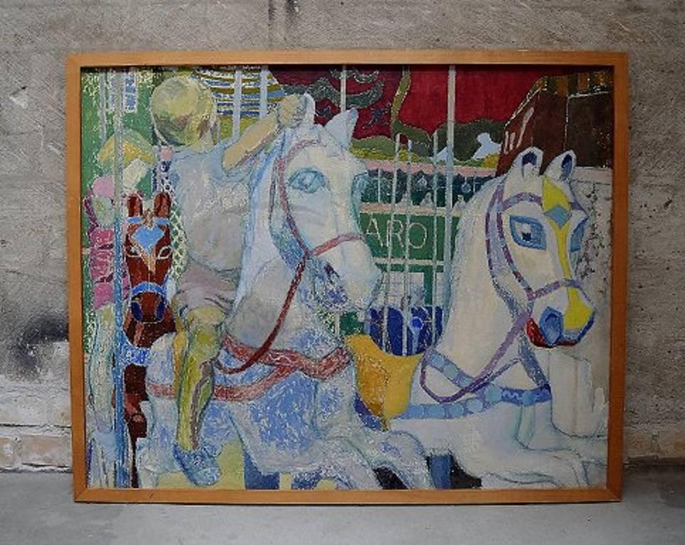 Modernist painting, children carousel and funfair.

Unknown artist, mid-20th century.

Oil on canvas.

In perfect condition.

Indistinctly signed.

Measures (ex. the frame) 79 x 63 cm. 

The frame measures 2 cm.