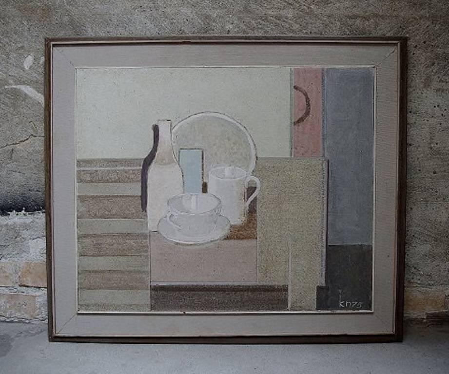 Karl Nielsen b. 1895, Danish artist, Modernist composition, dated 1975.

Oil on board.

In perfect condition.

Signed.

Measures (ex. the frame) 56 x 46 cm. 

The frame measures 2.5 cm.