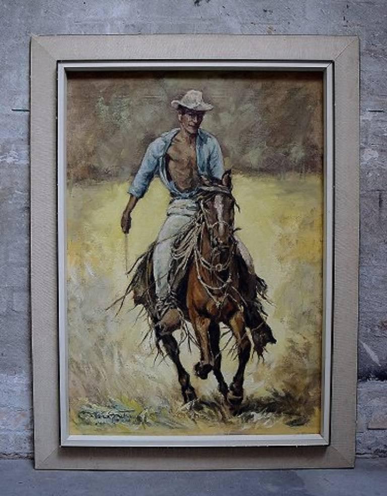 Oil painting on canvas, cowboy, 20th century.

Indistinctly signed.

In perfect condition.

Measures (ex. the frame) 100 x 68 cm. 

The frame measures 11 cm.
