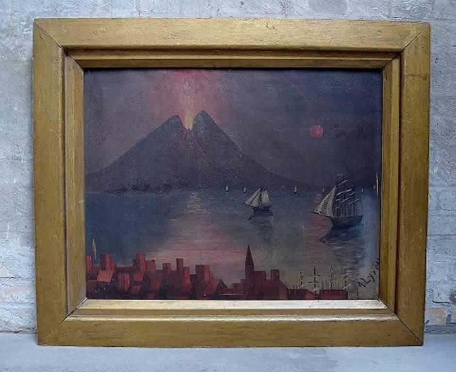 Naivistic oil painting, gulf of naples, mount Vesuvius erupted.

Unknown artist, early 20th century.

Oil on canvas.

In very good condition.

Signed illegible.

Measures (ex. the frame) 62 x 82 cm. 

The frame measures 12 cm.