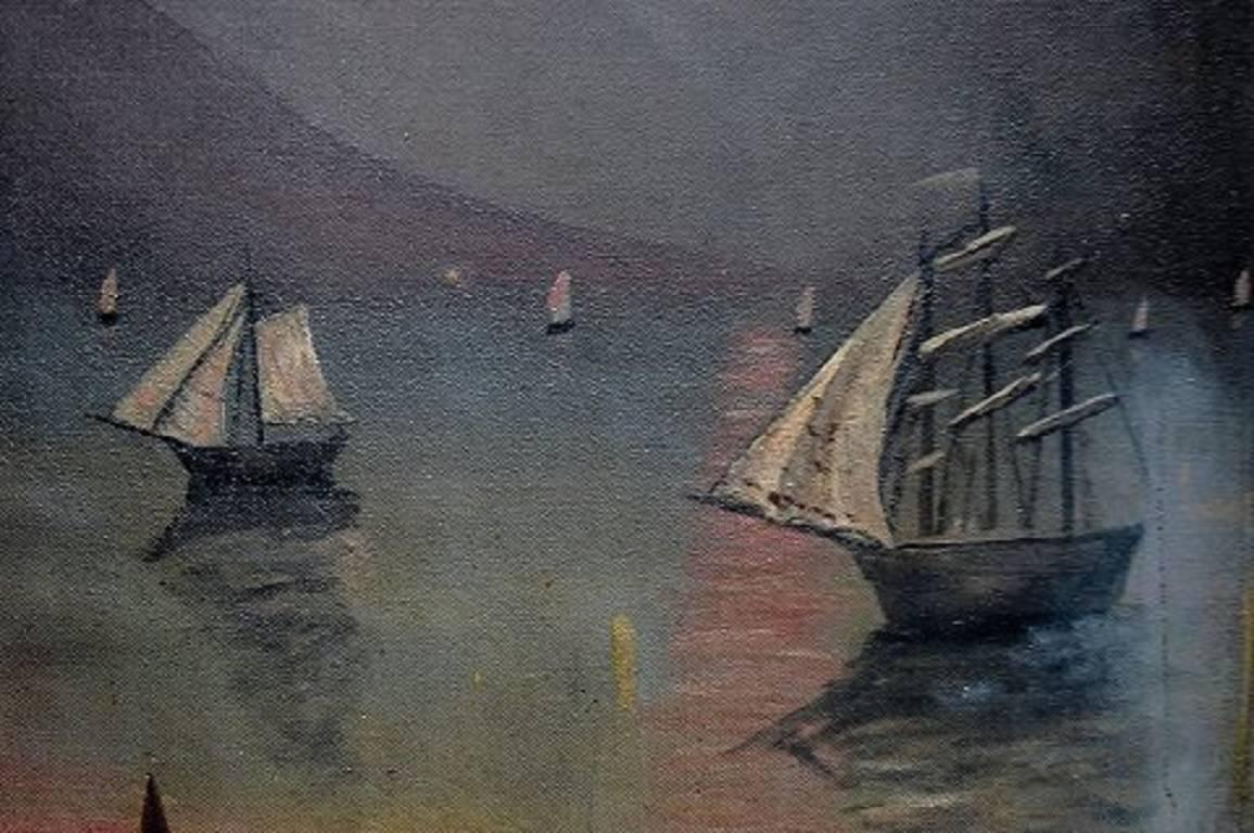 20th Century Naivistic Oil Painting, Gulf of Naples, Mount Vesuvius Erupted