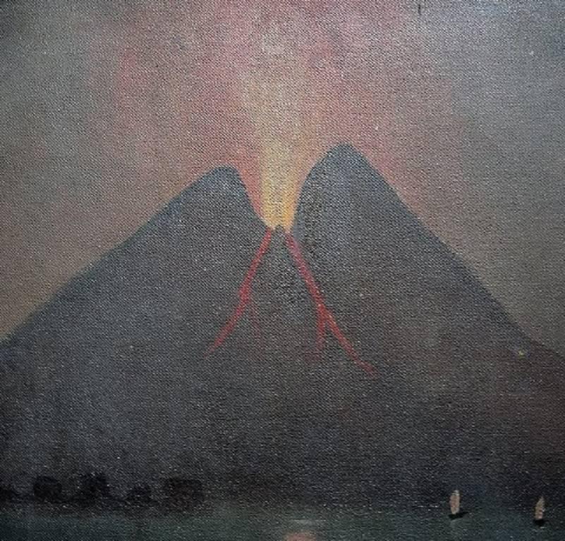 Naivistic Oil Painting, Gulf of Naples, Mount Vesuvius Erupted In Good Condition In Copenhagen, DK