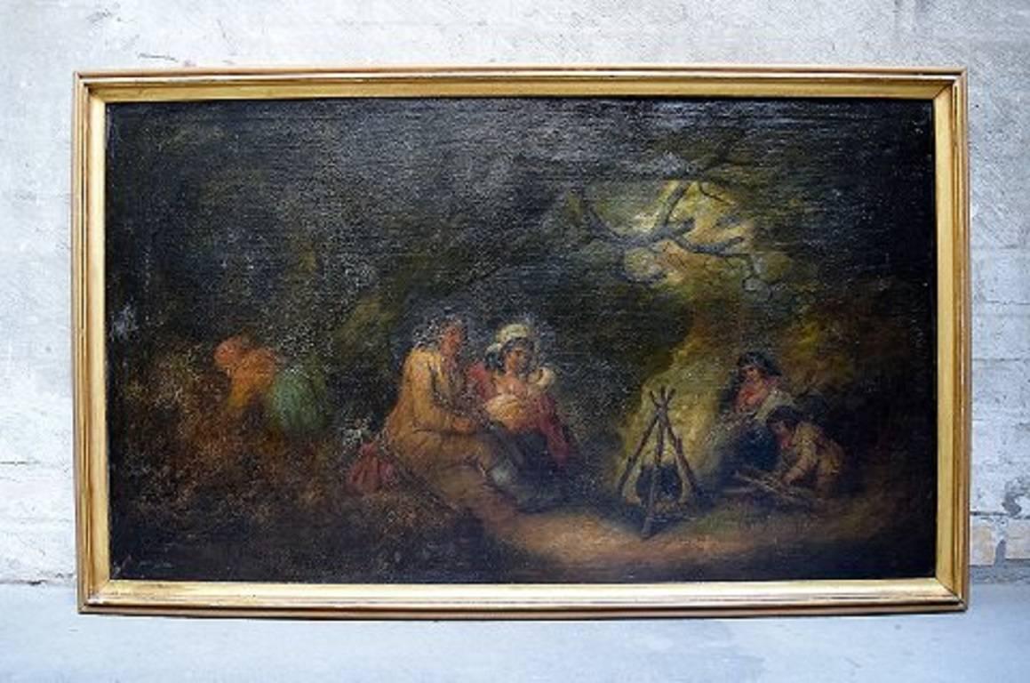 Unknown old master. Oil on canvas, circa 1800.

People around bonfire in the forest.

Signed illegible.

98 x 57 (106 x 65) cm.

In good condition. Crazings.