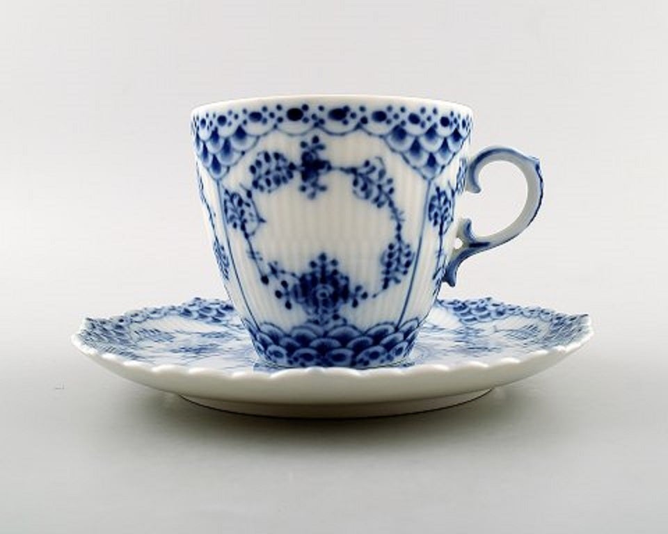 Porcelain Coffee Cup and Saucer Excellent Condition Royal Copenhagen First Quality Blue Fluted Full Lace # 1035