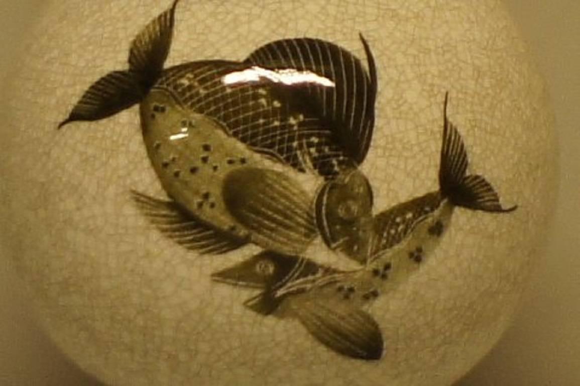 Large B&G ‘Bing & Grondahl’ Craquele Vase with Fish In Good Condition For Sale In Copenhagen, DK